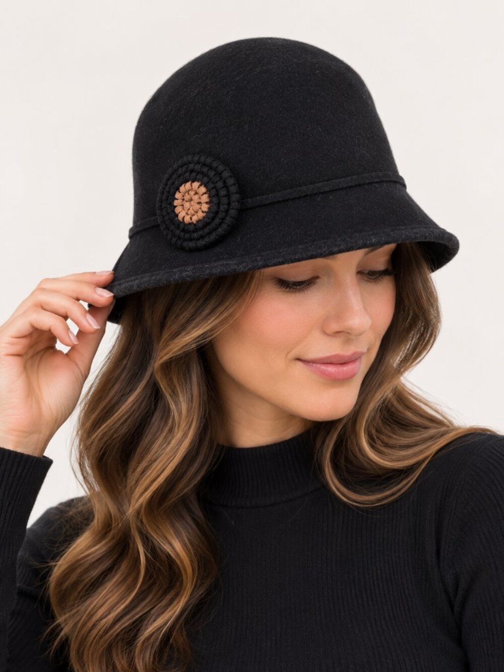 100% Wool Black Cloche Hat Floral Rosette Accent Women's One Size